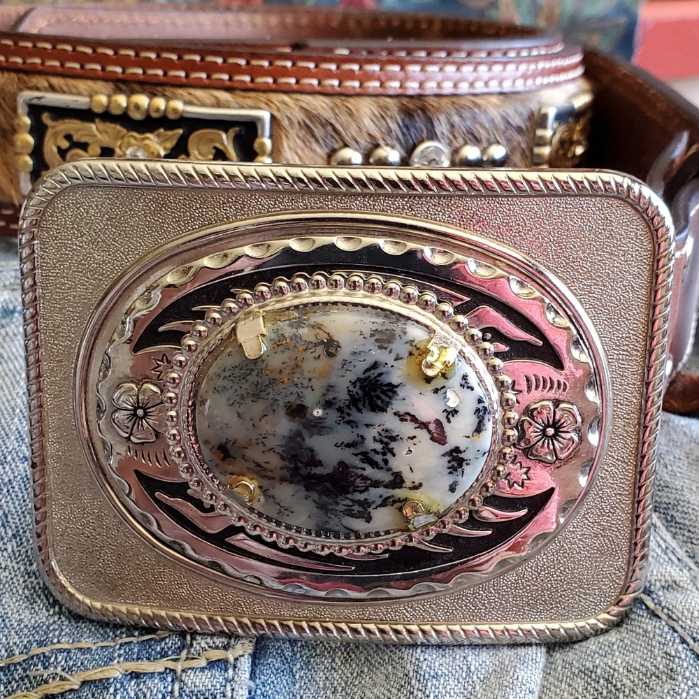 Nocona Silver-Tone Western Buckle with Cream and Black Dendritic Stone